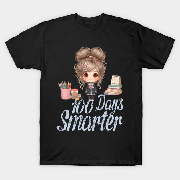 100 Days Smarter Girls Messy Bun Hair 100th Day Of School T-Shirt by click2print